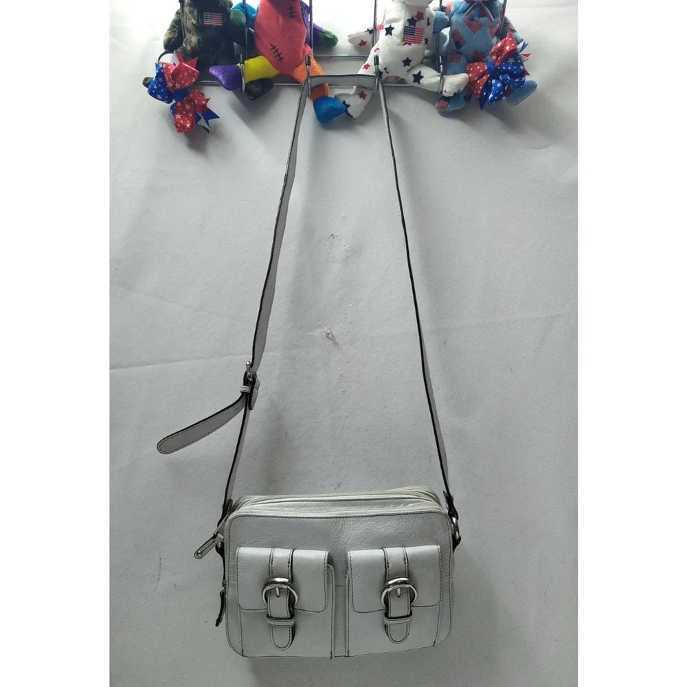 Tignanello White Leather Double Zippers Pockets Crossbody Bag